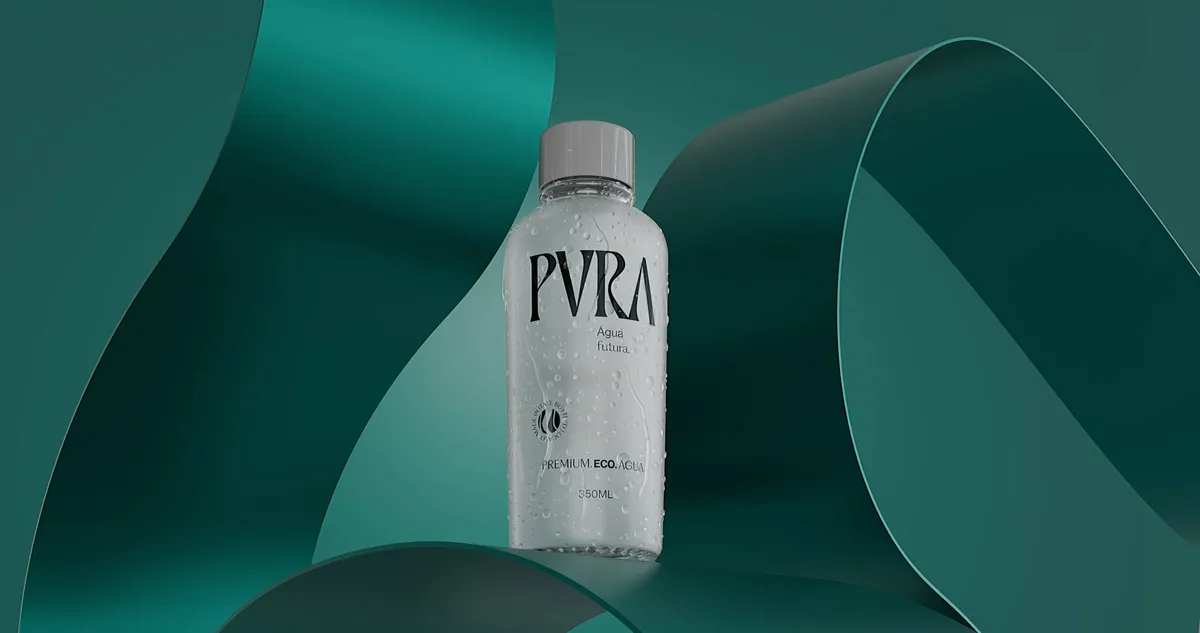 Garrafa da PVRA com o rótulo Água futura, sobre fitas verde-petróleo