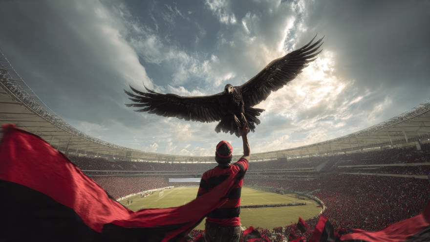 Torcedor ergue o urubu no estádio, cena criada com Meta AI