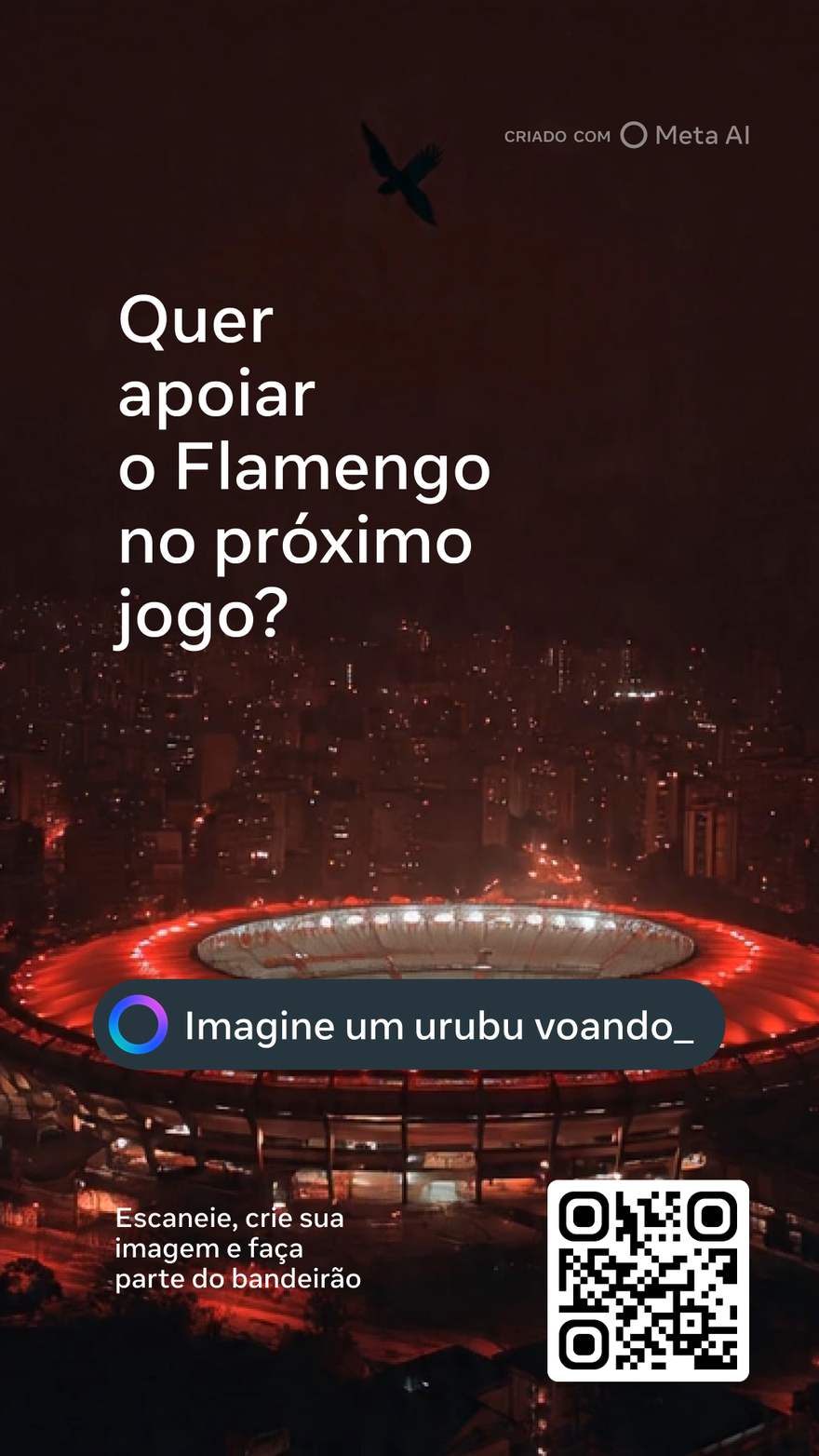 Arte do convite com QR code e barra de prompt: Quer apoiar o Flamengo no próximo jogo?