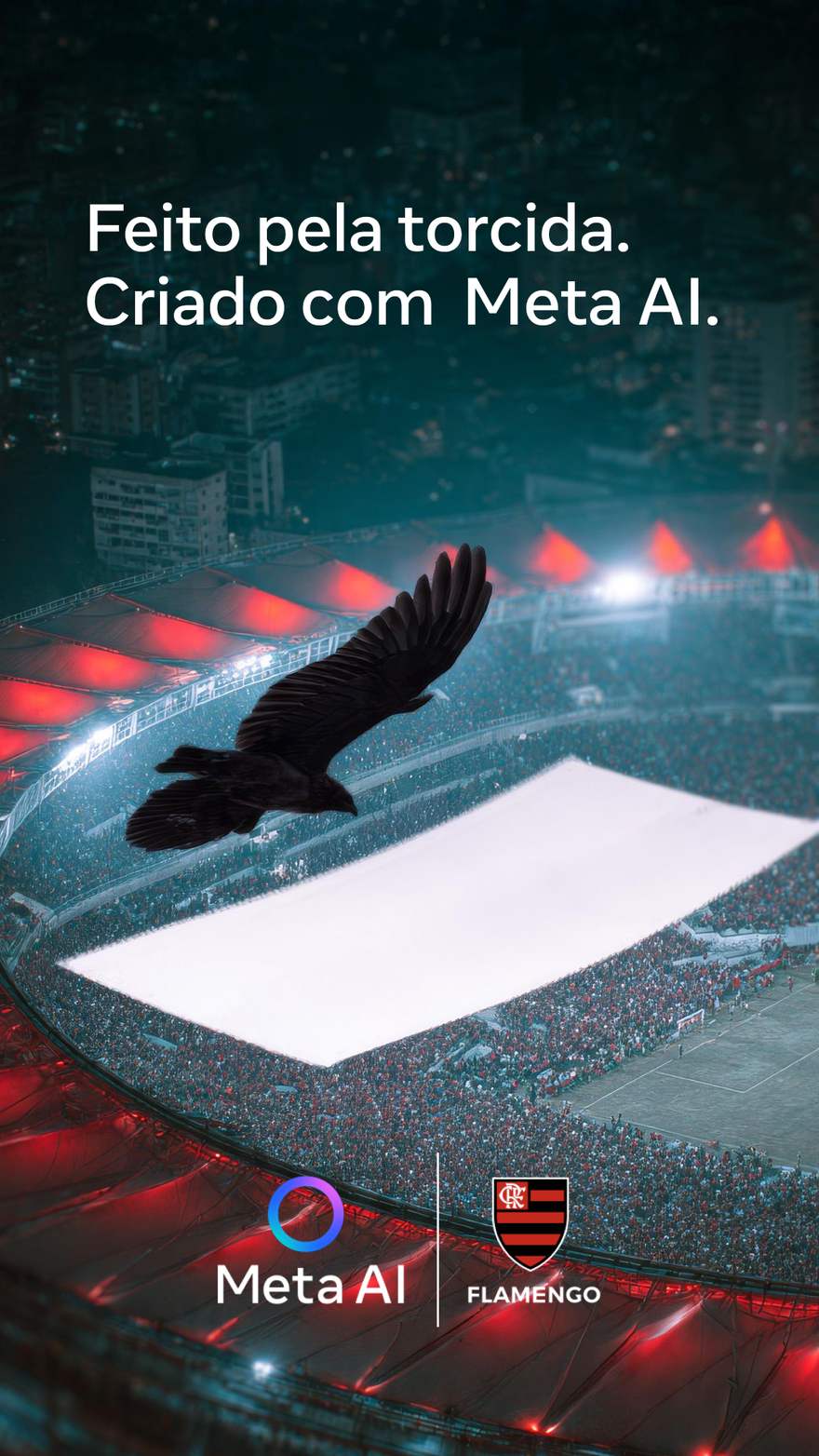 Arte da campanha com o urubu sobrevoando a bandeira em branco no Maracanã