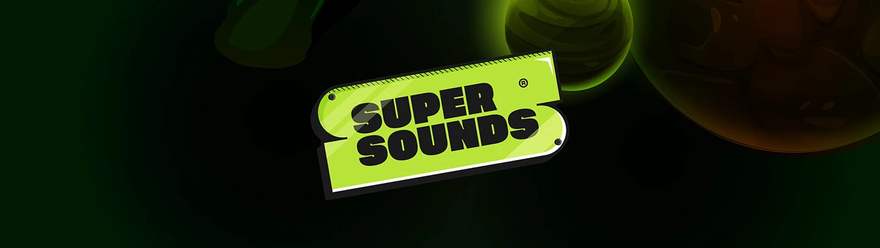 Logotipo Super Sounds em verde-limão sobre o universo escuro da campanha