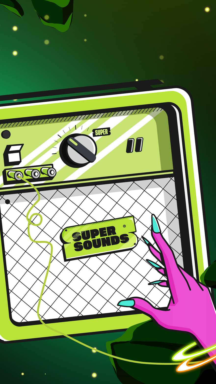 Frame do filme: mão rosa com unhas neon se aproxima do amplificador Super Sounds