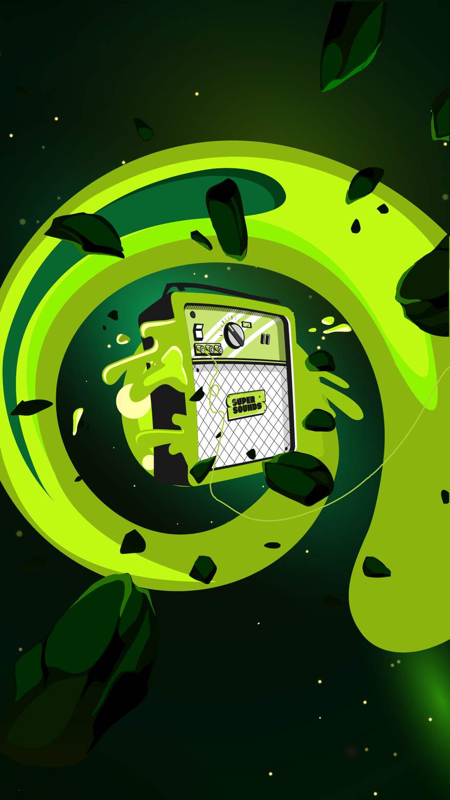 Frame em liquid motion: o jato líquido verde começa a espiralar a partir do amplificador