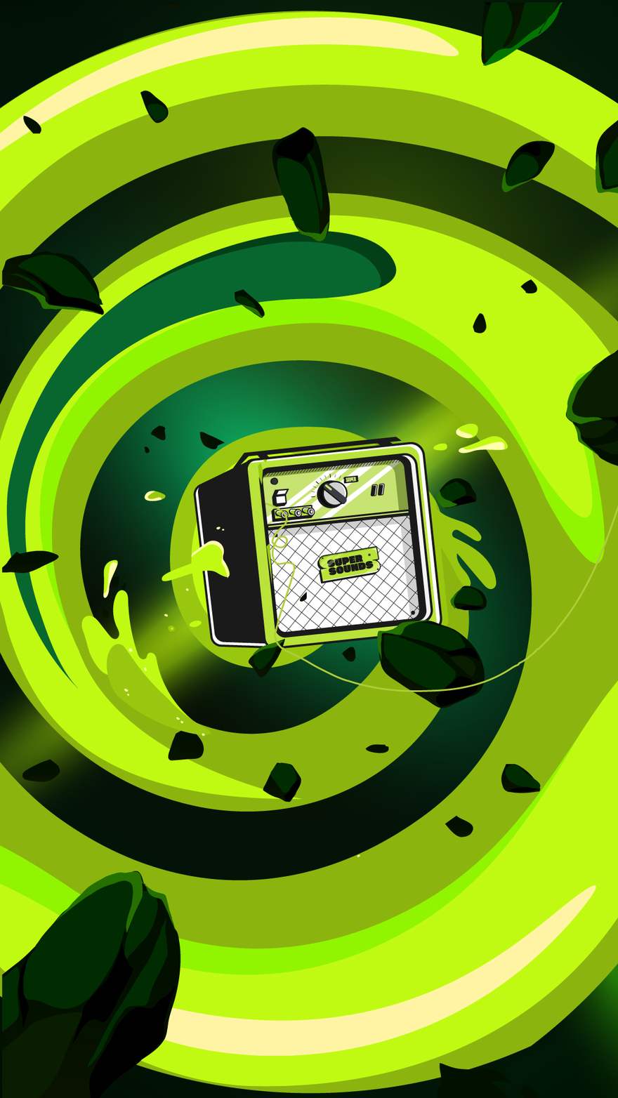 Frame em liquid motion: a espiral sonora toma a tela inteira com o amplificador ao centro