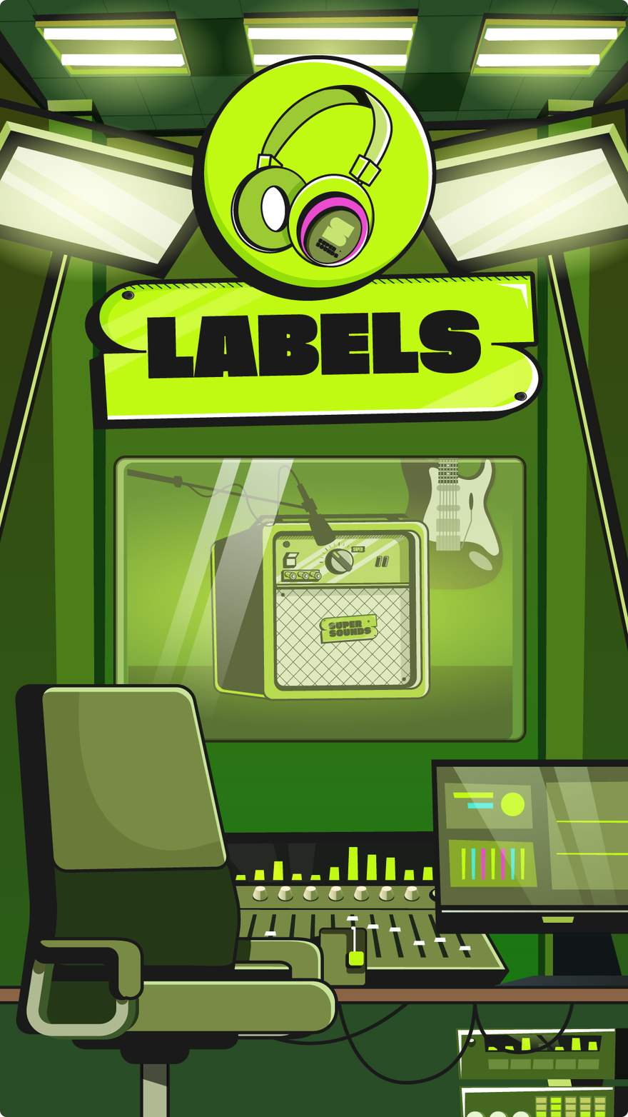 Cenário do pilar labels: estúdio de gravação ilustrado com mesa de som e cabine
