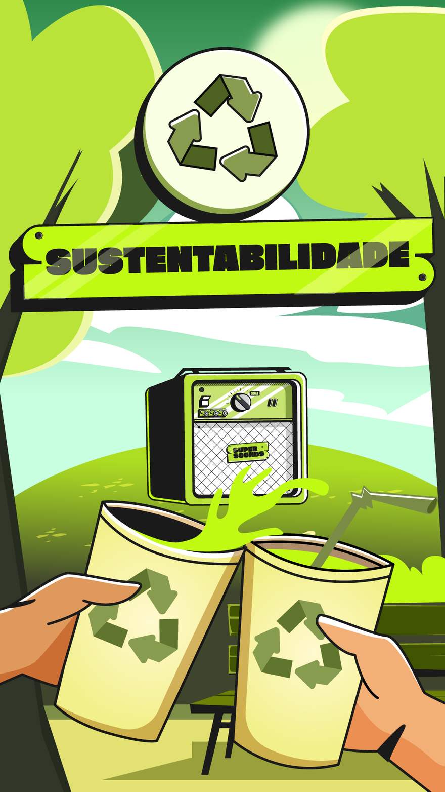 Cenário do pilar sustentabilidade: copos reutilizáveis brindando diante do amplificador ao ar livre