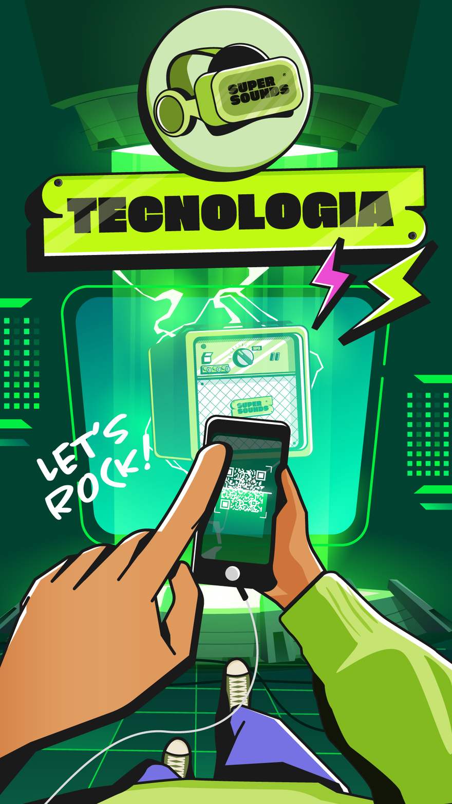 Cenário do pilar tecnologia: mãos escaneiam um QR code diante do amplificador em um palco futurista
