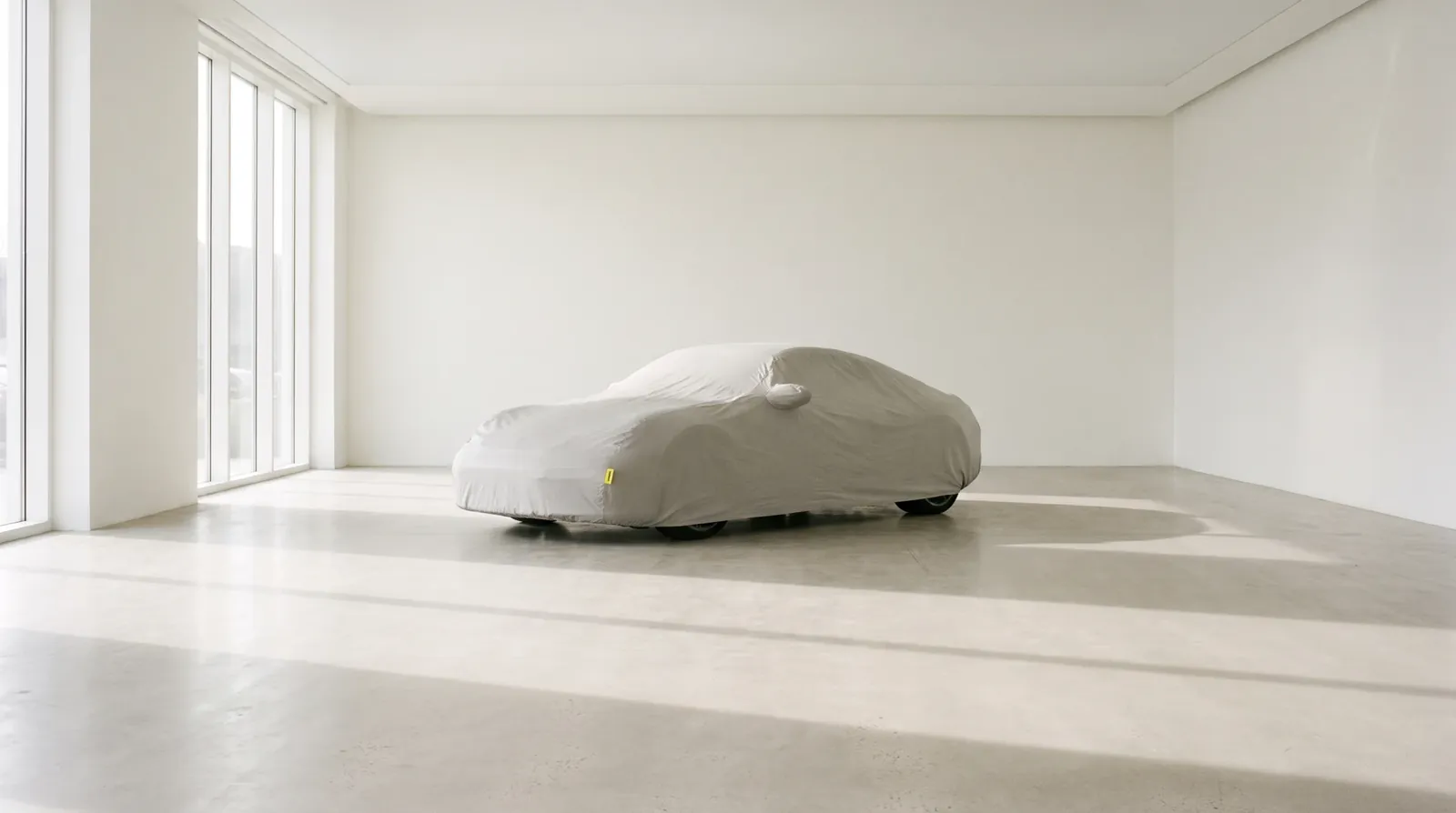 Carro esportivo coberto por uma capa cinza, sozinho num showroom branco e vazio.
